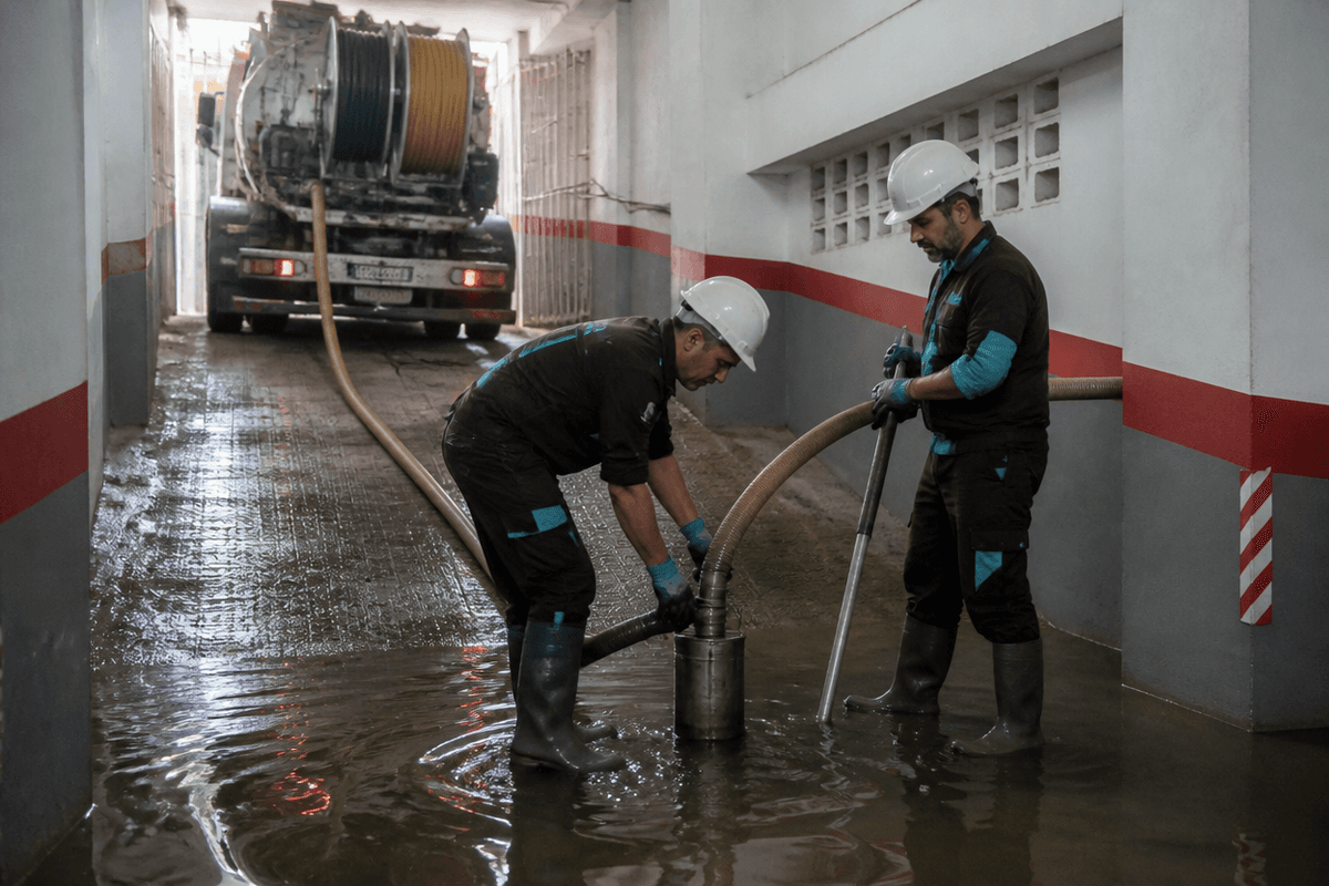 Dos técnicos con botas de agua achican un garaje inundado con bomba de aspiración en una comunidad de Murcia