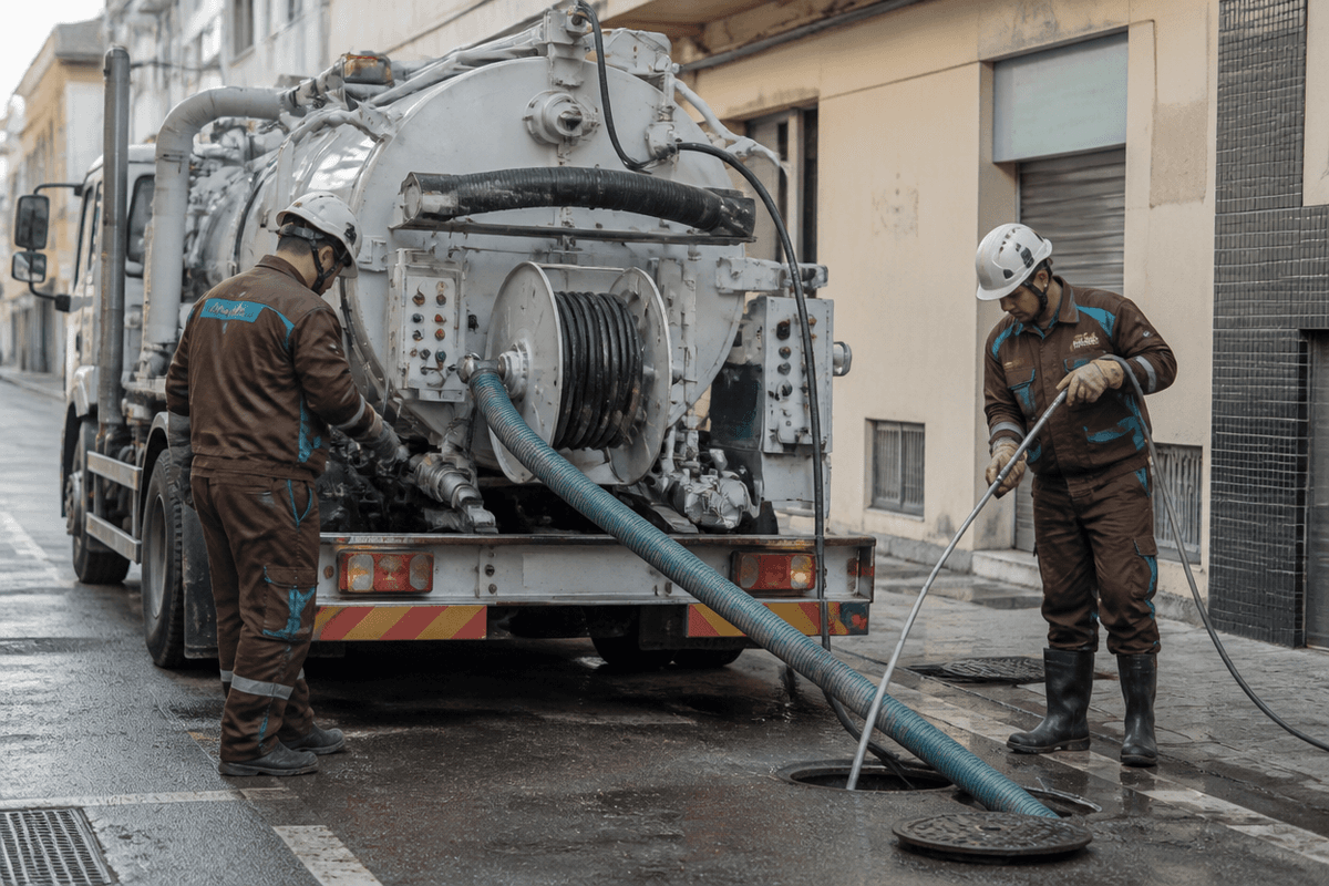 Camión cuba con mangueras desplegadas realizando limpieza hidrodinámica en una calle de Murcia
