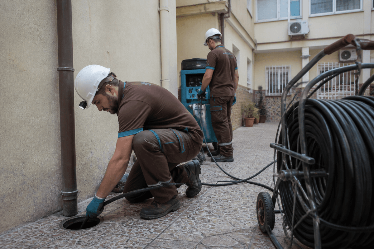 Técnicos revisan una bajante comunitaria en el patio interior de un edificio residencial de Murcia
