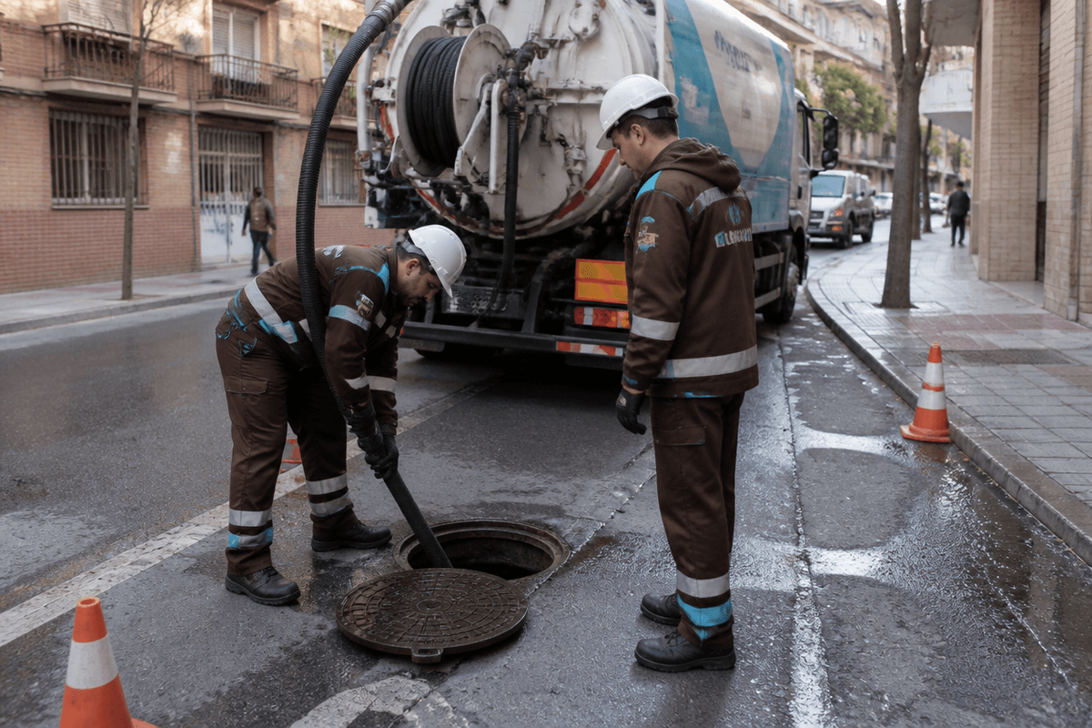 Trabajo de limpieza de alcantarillado con tapa de registro abierta y equipo de presión en Murcia