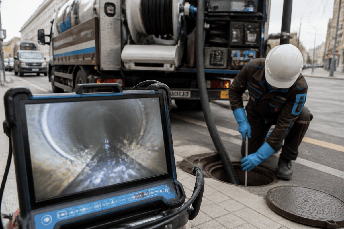 Monitor portátil mostrando el interior de un conducto con sedimentos durante una inspección en Murcia