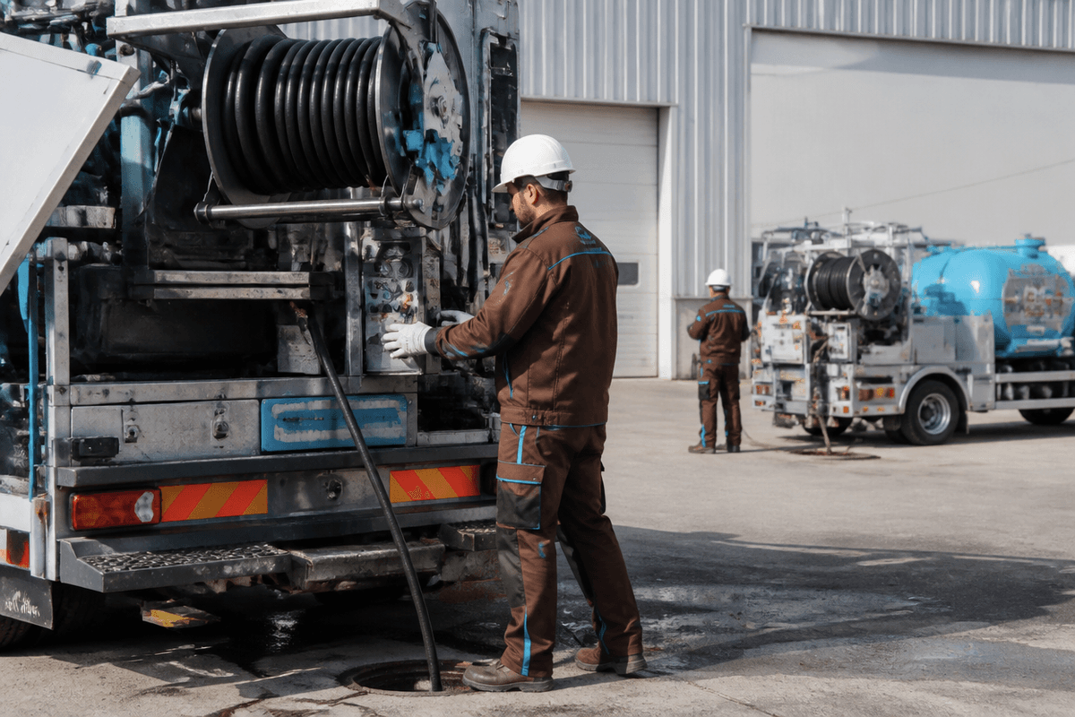 Equipo profesional prepara maquinaria de desatasco junto a una nave industrial en el entorno de Murcia