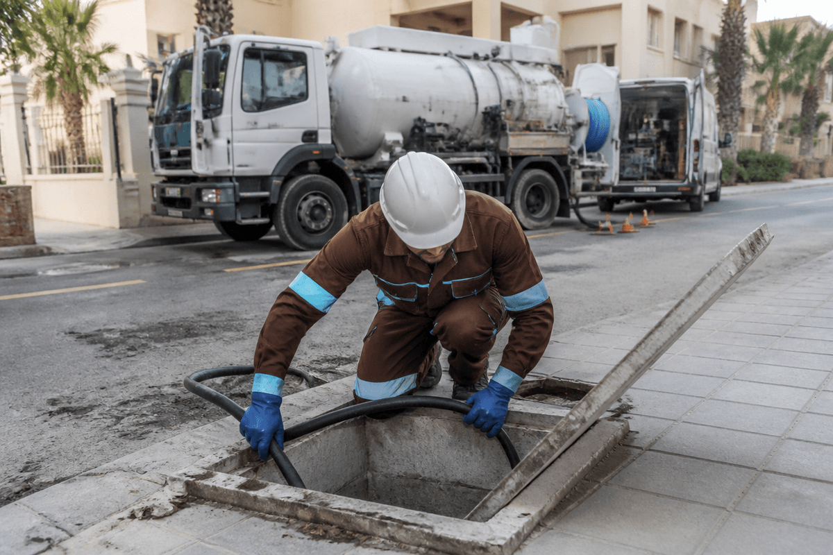 Técnico con guantes inspecciona el interior de una arqueta de hormigón en una urbanización