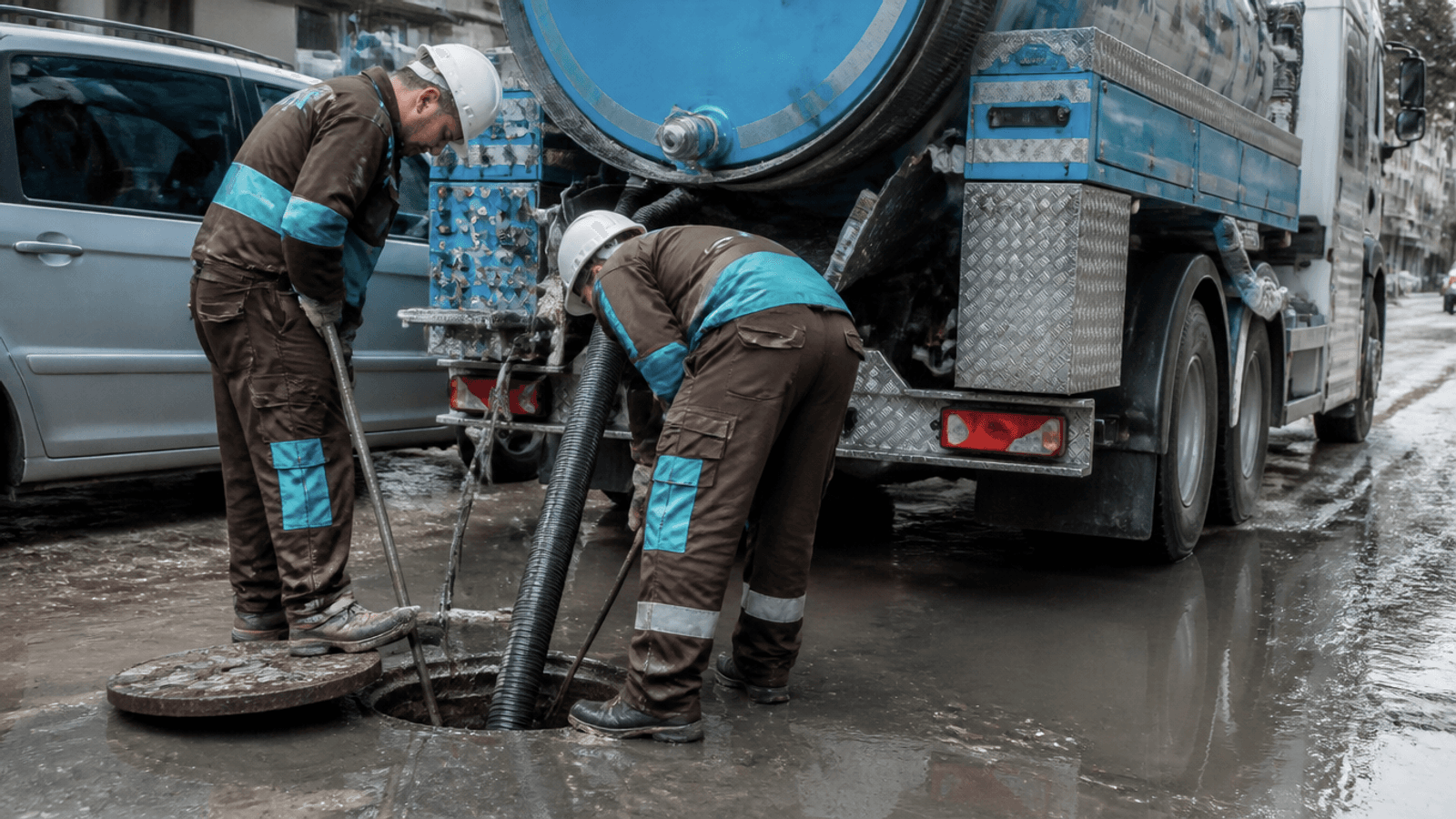 Equipo de aspiración retirando agua y lodos desde una boca de alcantarilla en un vial de Murcia