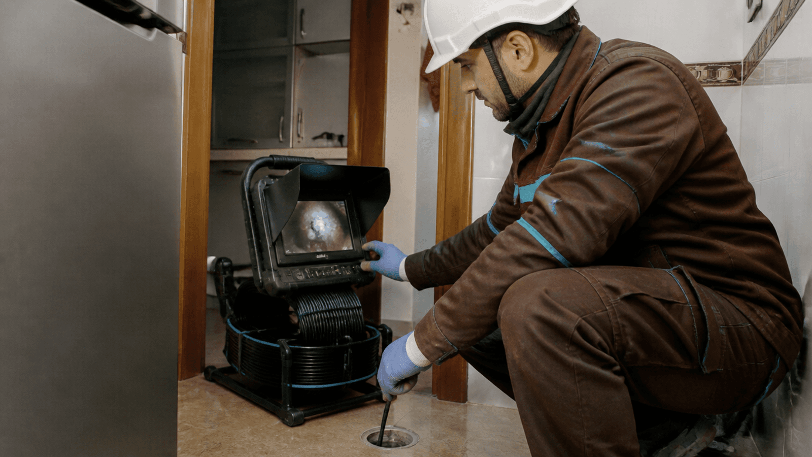 Técnico introduce una cámara de inspección en una tubería mientras observa el monitor en una vivienda de Murcia