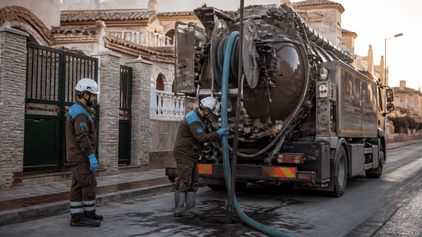 Técnicos con EPI junto a un camión cuba de desatascos en una calle residencial de Murcia al amanecer